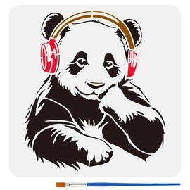 FINGERINSPIRE Panda Stencil with a Paint Brush 11.8x11.8Inch Reusable Thinking Panda Stencil PET Animal Headphones Decoration Template Banksy Theme Template for Painting on Wood Wall Floor Furniture