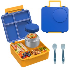 joyYum Bento Box for Kids, Bento Box Adult Lunch Box with Utensils, Stainless Steel Thermos Soup Jar, Reusable Snack Containers for School, Work, Travel, BPA-Free, Easy to Clean (Blue)