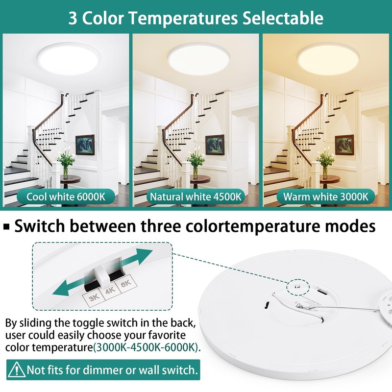 12Inch LED Ceiling Lights Flush Mount, Dimmable 3000K 4500K 6000K