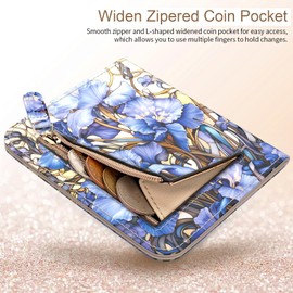 APHISON Purses for Women Small Wallet with Zipper RFID Blocking Slim Vegan Leather Wallet Bifold Card Holder Coin Pocket Ladies Purse with ID Window Blue Flower