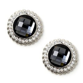 Rhodium Crystal Stones Around a Large Circle Black Diamond Stone Earrings