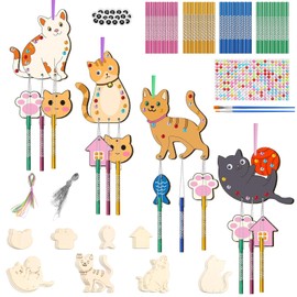Collazoey Pack of 12 Wind Chimes Craft Set Children, Cat Wooden Wind Chime Craft Craft with Hanging Wind Chimes, DIY Wind Chimes for Painting, for Girls Boys Outdoor Decoration