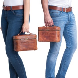 STILORD 'Aden' Toiletry Bag Leather Large Wash Bag Travel Cosmetic Bag with All-Round Zip and Handle Vintage Genuine Leather, Kara - Cognac, Toiletry bag