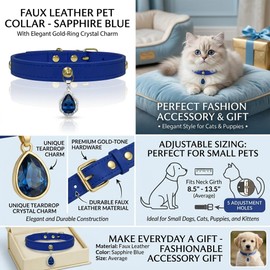 Faux Leather Pet Collar for Small Dogs & Cats - Adjustable Puppy & Kitten Collar with Gold Heart Crystal Charm, Pet Collar, Fashion Accessory Gift (Sapphire Blue, Average（Neck Girth 8.5"–13.5"）)