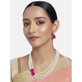 Aheli Pearl Mala Rani Collar rosa con pendientes para mujeres niñas India Tradicional Bollywood Fashion Stylish Ethnic Jewelry Set