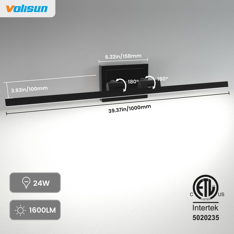 VOLISUN Modern Bathroom Vanity Light 39.4 inch, Rotatable, 24W Dimmable