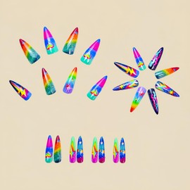Almond Press on Nails Long Fake Nails Colorful Gradient False Nails Star Lightning Stick on Nails Rainbow Full Cover Glue on Nails Glossy Acrylic Nails Reusable Artificial Nails Kit for Women Girls