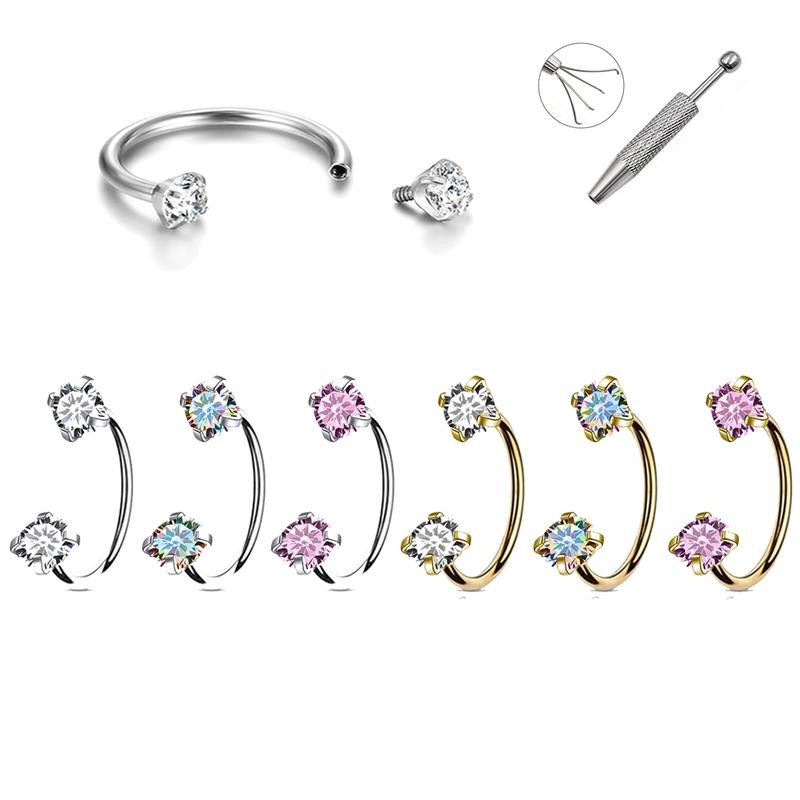 18G Titanium Horseshoe Nose Hoop Internally Threaded Gems Nose Ring:_Pink_18G