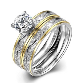 Stainless Steel Bridal Engagement Set Ring Gold Plated Rhinestone Women B442 - Size: 7