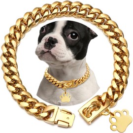 Gold Dog Chain Cuban Collar Metal Chain Collar with Design Secure Buckle 18K Gold Plated Stainless Steel Pet Cuban Links Collars Jewelry for Dogs(22inch)