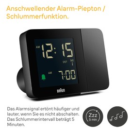 Braun Digital Radio Projection Alarm Clock for Central European Time Zone (DCF) with Negative LCD Display, Quick Setting and Alarm Beep in Black, BC15B-DCF