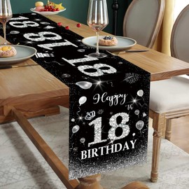 18th Birthday Table Runner Black Silver Happy 18th Birthday Table Runner for 18 Years Old Boys Men Women Him Her Celebrate Birthday Party Decorations Non-Slip Dining Table Linen Cloth 72 Inches Long