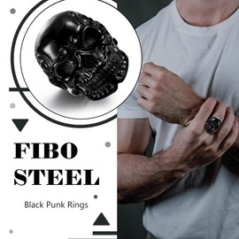 FIBO STEEL Stainless Steel Rings for Men Women Black Skull Head Rings,Size 10