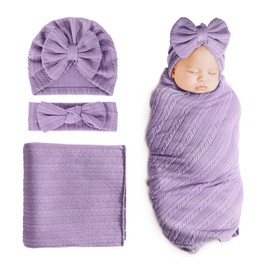 DRESHOW Newborn Reception Blanket Toddler Warm for Girls with Matching Bow Hat and Bow Headband, 1 set: hat + hairband + blanket (purple)