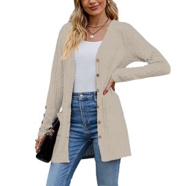 Askyes Women’s Cardigan Lightweight for Fall Knit Loose Button Down Cute 2024 Trendy Fashion Cardigan with Pockets,Khaki,L