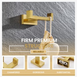 Suyar Double Towel Hook Brushed Gold, SUS304 Stainless Steel Square Coat Robe Holder, Bathroom Kitchen Towel Hanger, Wall Mounted