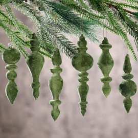 Blueweenly 6 Pcs 7.1 Inch Velvet Finial Christmas Tree Ornament Hanging Glass Finial Christmas Ornaments Assorted Velvet Finial Glass Decor for Christmas Tree Vintage Decoration (Green)