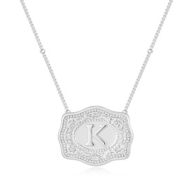 Belt Buckle Necklace With Initial For Women, 18k Gold Plated Mini Embossed Letter Pendant Western Charm Gift Jewelry (Belt Buckle K, Silver)