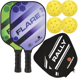 Rally Flare Graphite Pickleball Paddle | 2 Player Pack with Pickleballs and Paddle Covers | Polymer Honeycomb Core, Graphite Hybrid Composite Face | Lightweight (Purple/Green)