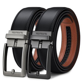 VANNANBA 2 Pack Ratchet Leather Belt for Men - Sliding Belt in Gift Set Box for Mens Dress Casual 1 3/8" - Trim to Fit with Automatic Buckle Alloy(7+9,36"-39" Waist Adjustable)