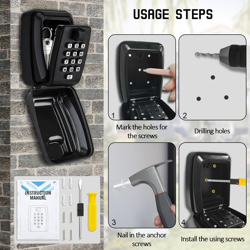 Kizaten Wall Mounted Key Safe, Key Lock Box with Resettable
