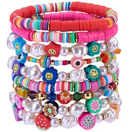Ornaland 9 Pcs Heishi Surfer Bracelets Set Polymer Clay Vinyl Disc Beads Evil Eye Flower Fruit Beads Stretch Stackable Friendship Bracelets Bohemia Summer Beach Jewelry for Women Men