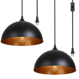 Tomshine Plug in Pendant Light, Metal Dome Hanging Pendant Light 2 Pack with 15FT Plug in Cord, On/Off Switch, for E26 Bulbs, Black Barn Pendant Light for Farmhouse Kitchen, Dining, Bedroom 2 Pack