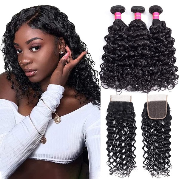 Alibeauty Water Wave Bundles with Closure 100% Brazilian Curly Human Hair 3 Bundles with Lace Closure Soft Deep Water Wave Wet and Wavy Hair Natural Black (16 18 20+14)
