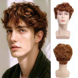 Orange Short Curly Wig for Men Ginger Natural Fluffy Side Part Synthetic Hair Wig for Daily Cosplay Halloween Use
