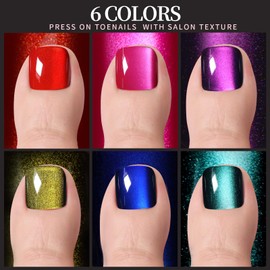 FANDAMEI Press on Toenails, 6 Colors Cat Eye Toe Press On Nails Short Square, Press on Toenails for Women, Glue on Toe Nails Glossy Toe Fake Nails for Nail Art