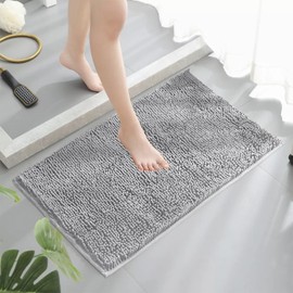 Chenille Bathroom Rugs Mat 24"x 39", Chenille Bath Rug Mat Non-Slip Bath Mat, Washable Soft Shower Shag Bath Rugs, Silver Gray