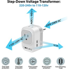 Mapambo 220V to 110V Voltage Converter US to Europe Converter for European Travel Plug Adapter with 2 USB Port 2 USB C International Power Adapter (Grey)