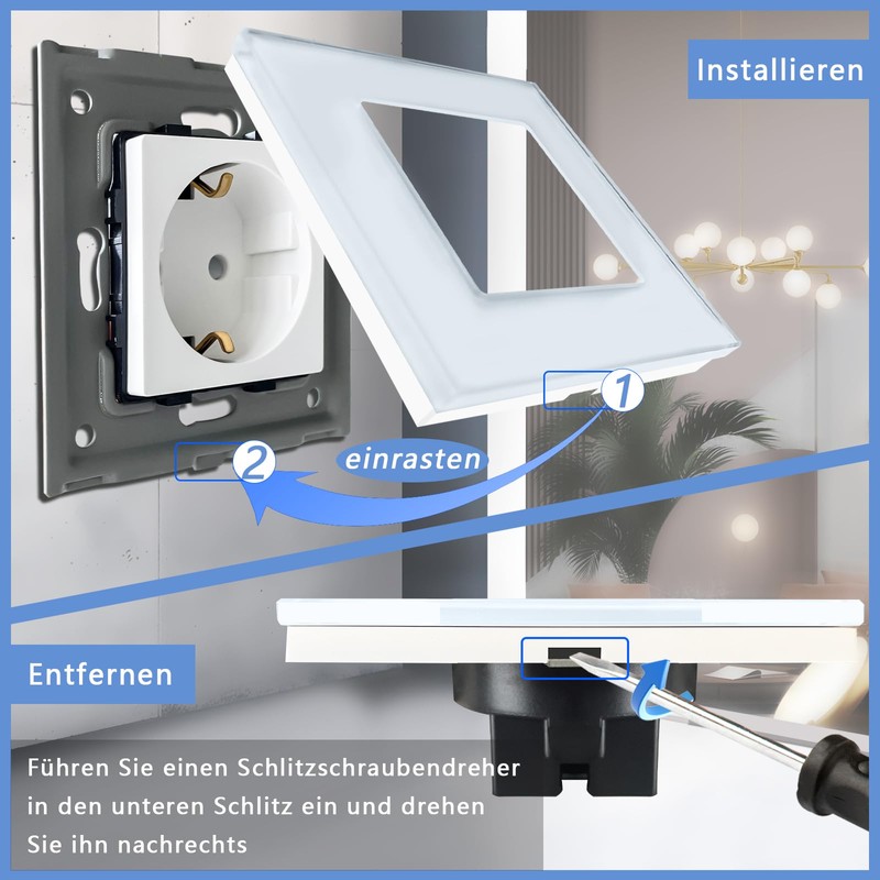 TAWOIA Schuko Socket Flush-Mounted, EU Standard 1-Way Socket Glass, Single