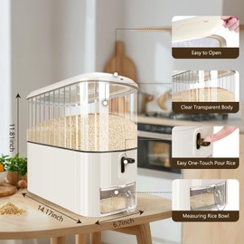 Triiter Clear Rice Dispenser, Cereal Dispenser with Lid Time Scale, Airtight Food Dispenser Bucket for Rice, Corn, Grain, Rice Container for Home Kitchen Pantry Organization (13 Lbs Clear and White)