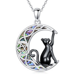 YYmqmq Moon Black Cat Necklace for Women 925 Sterling Silver Celtic Moon Pendant Abalone Necklace Black Cat Jewelry Christmas Gifts for Women Girlfriend