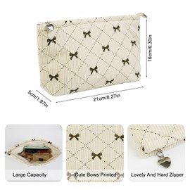 TEBIEKOY Bow Detail Cosmetic Bags for Women and Teen Girls, Lovely Zipper Make Up Bags Skincare Gift, White, Medium, Bows