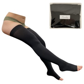 Presadee Thigh High 20-30 mmHg Firm Compression Leg Swelling Stocking Open Toe (Black, 2)