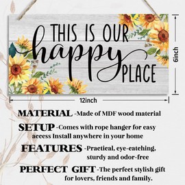 Sunflower Theme Wood Decor Sign, This Is Our Happy Place, Hanging Printed Wooden Plaque Decor, Rustic Home Décor Sign, Entryway Wall Decor, Hanging Plaques for Foyer Farmhouse Sign 12x6 inch (C3)