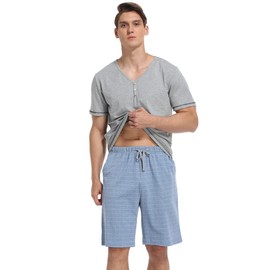 COLORFULLEAF Men's Cotton Short Sleeve Pajama Sets Button Down Notched Collar Sleepwear Soft Lounge Pjs with Pockets (Grey,L)