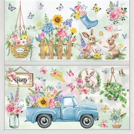 wondever Spring Garden Flower Truck Window Clings Floral Butterflies Bunny Glass Sticker Decal Anti Collision Double-Side Static Window Stickers for Home Glass Window