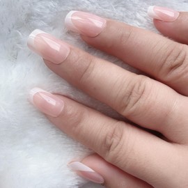 SanFangyue Soft French Press On Nails Kurz Square Nageltips Soft Gel Nail Tips, French Fake Nails mit Pre-applied Tip Primer & Base Coat Cover, No Need to File Fake Nails