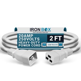 IronBox Electric - Heavy-Duty C20 to C19 Power Cord - 20A/250V Rated, 12/3 SJT IEC 60320 Equipment to PDU Cable - Male End C20 Plug/Female End C19 Connector - UL Listed Power Cable -(White,2 Foot)