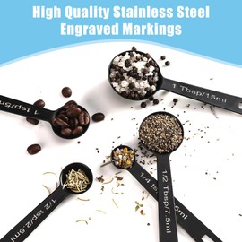 Stainless Steel Measuring Spoons Set of 5, Metal Measuring Cups for Liquid/Food/Kitchen/Baking (Black)