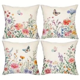 NOKOLULU 18x18 Inch Boho Throw Pillow Covers - Floral Butterfly Throw Pillows Set of 4 - Modern Decorative Couch Pillows for Sofa Bedroom, Premium Linen Cover & Machine Washable (Floral, 18"x18")