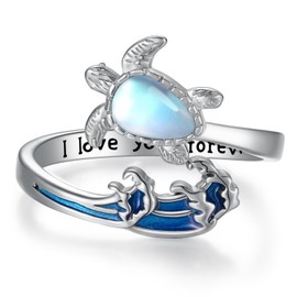 Sea Turtle Ring 925 Sterling Silver Turtle Ocean Wave Open Ring Beach Tortoise Rings I Love You Forever Jewelry Gifts for Women Wife