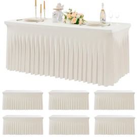 Htper 6 pk Spandex Ivory Tablecloths for 6 Foot Rectangle Tables, Stretch Table Cloth 6ft Fitted Tablecover Desk Skirt for Parties Weddings Birthday Banquet Baby Shower