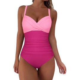 Firpearl - Traje de baño de una pieza para mujer, con aros, de apoyo, con pliegues cruzados, con control de abdomen, Degradado rosa hot, 8