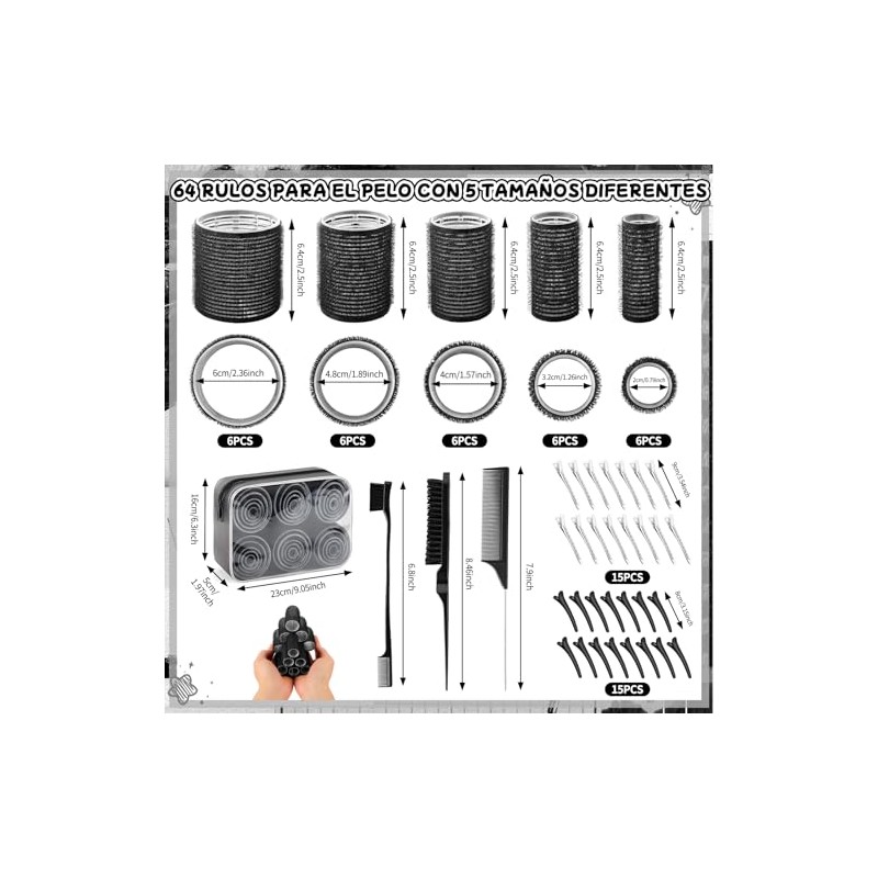 64PCS Tubos para Cabello, Rulos para Cabello, 5 Tamaños 25mm