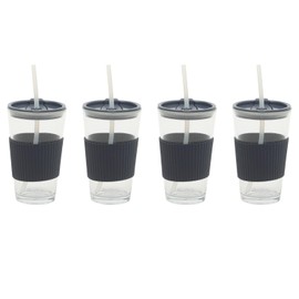 Mr. Coffee Sip Savvy 4-Pack 15oz Midnight Blue Glass Tumblers with Lids and Straws – Reusable Iced Coffee Cups – Dishwasher Safe – To-Go Drinkware Water Glasses