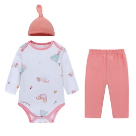 LAT Newborn Baby Boy Girl Outfits Long Sleeve Romper With Pants Hat 3Pcs Infant Clothes Set-Unisex Baby Cotton Layette Set(Princess Castle+Pink,3-6M)